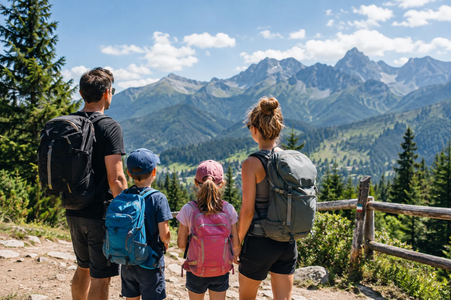 Rodzina z dziećmi na górskim szlaku z widokiem na Tatry